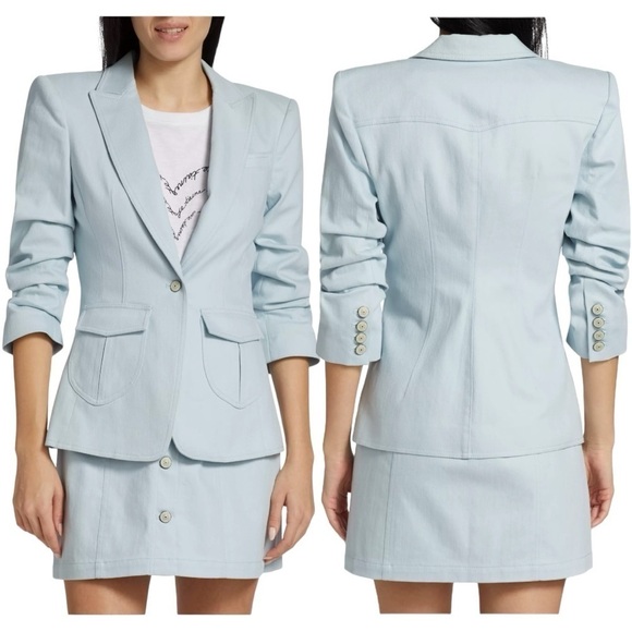 Cinq a Sept Louisa Peak Stretch Fitted Ruched Sleeve Denim Blazer Size 4 NEW - Picture 6 of 11